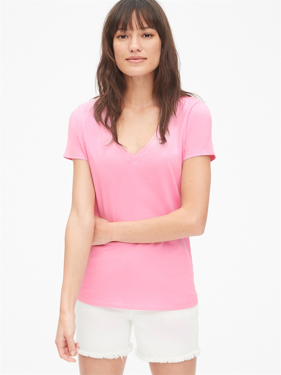 女裝|棉質舒適V領素色短袖T恤-螢光粉