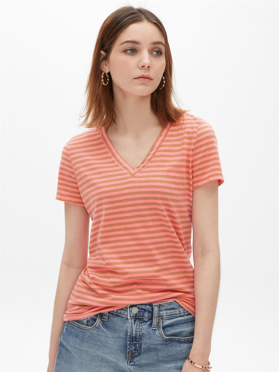 女裝|條紋V領短袖T恤-霓虹粉