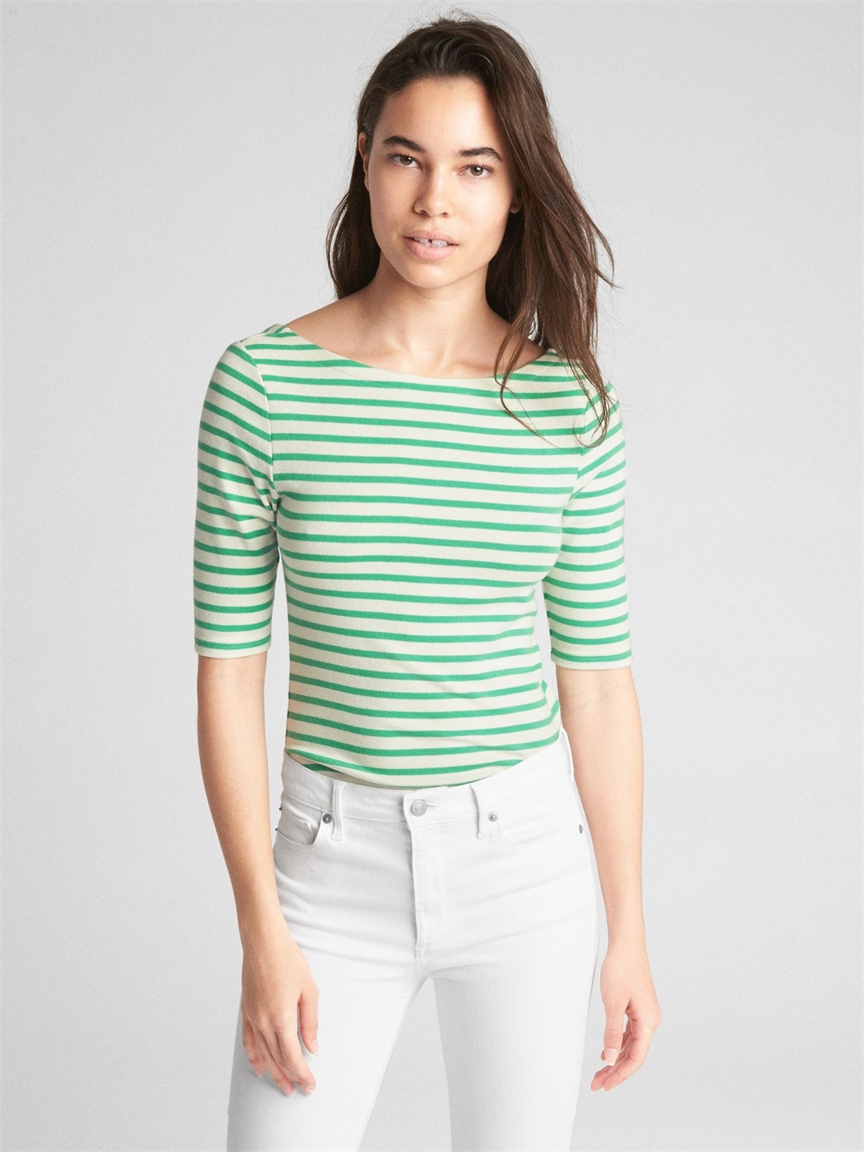 女裝|莫代爾條紋低露背短袖T恤-綠色條紋