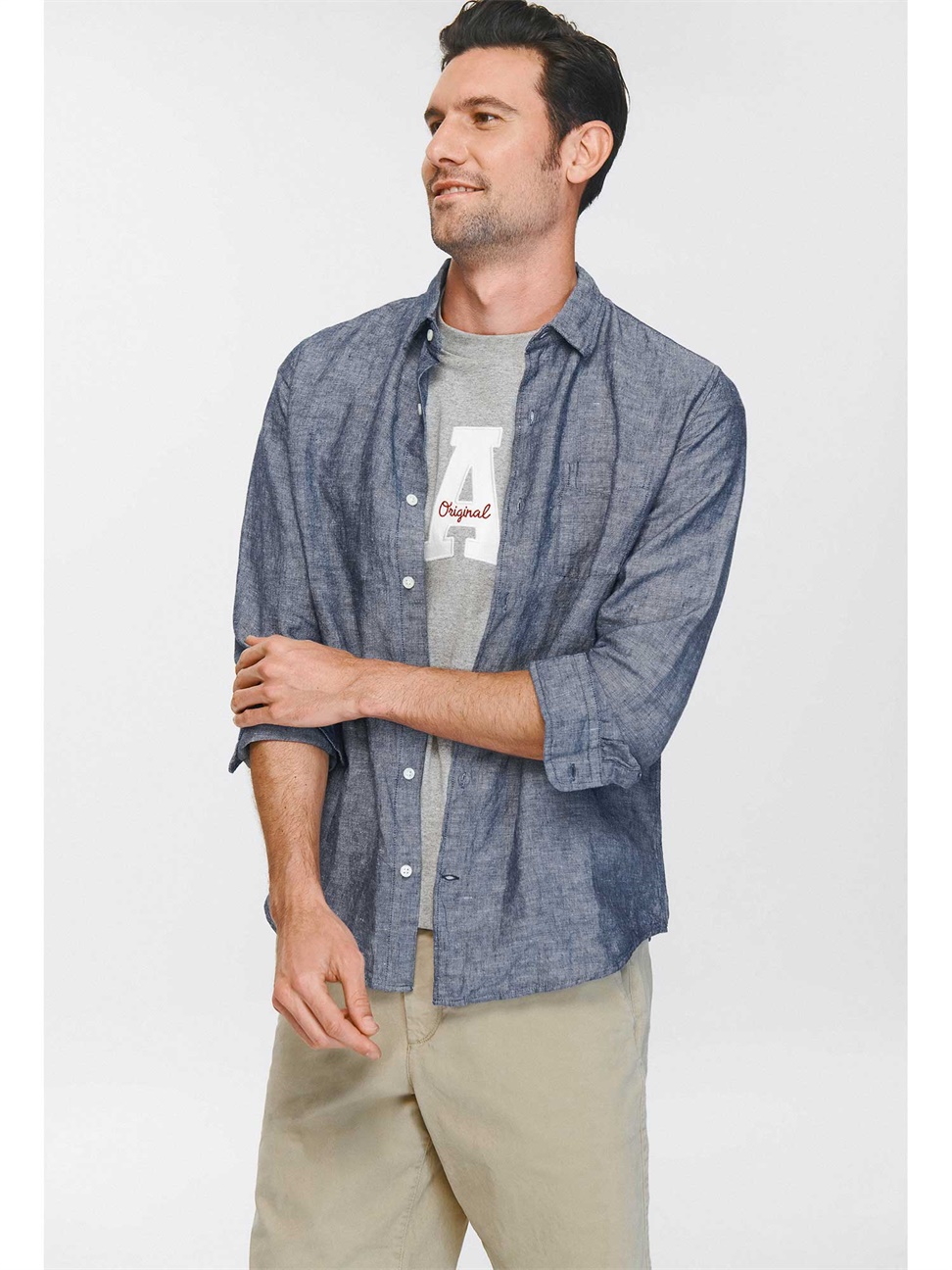 男裝|柔軟輕薄棉麻混紡長袖鈕釦襯衫-中度靛藍