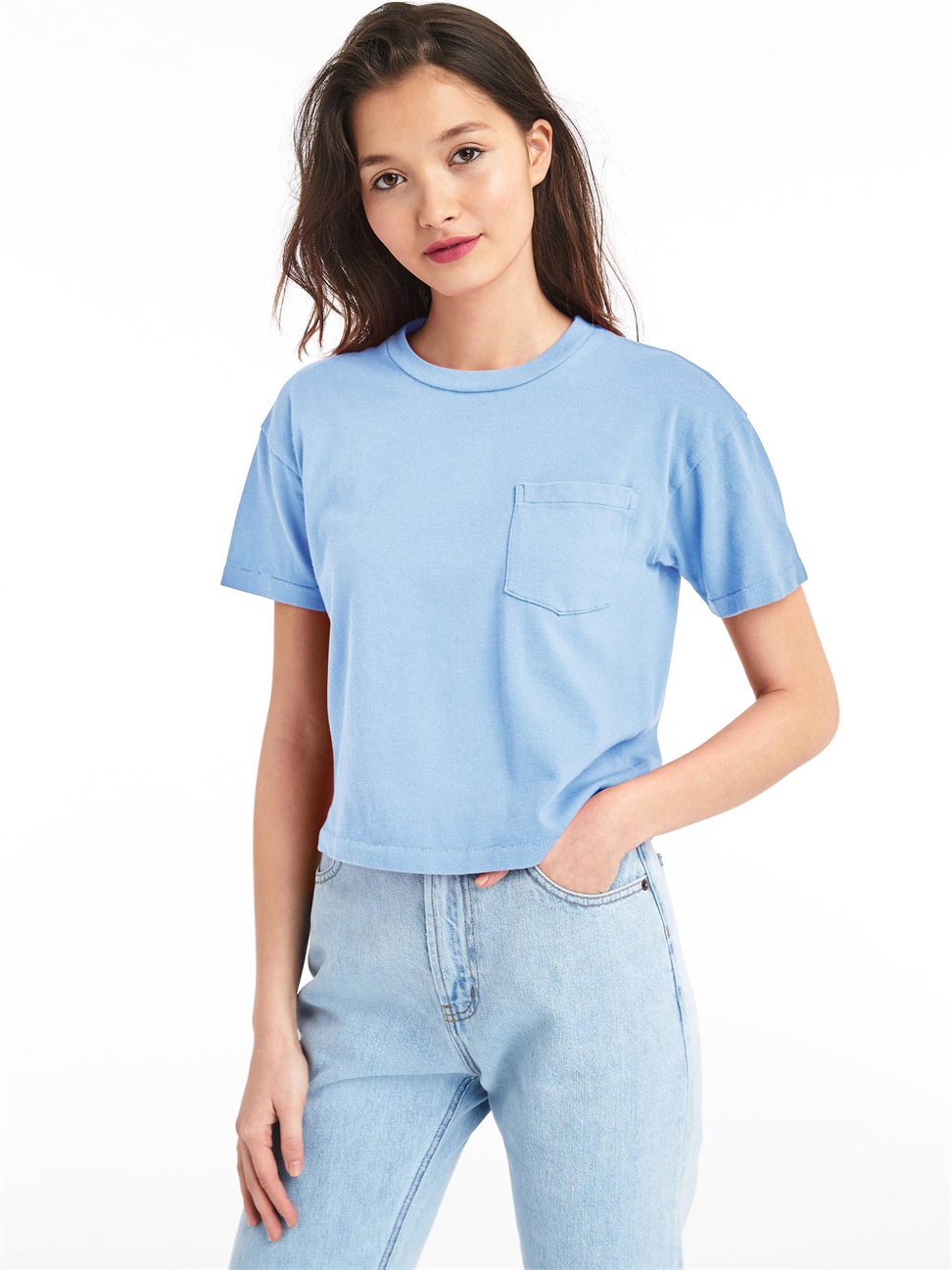 女裝|純棉口袋短袖T恤-藍灰