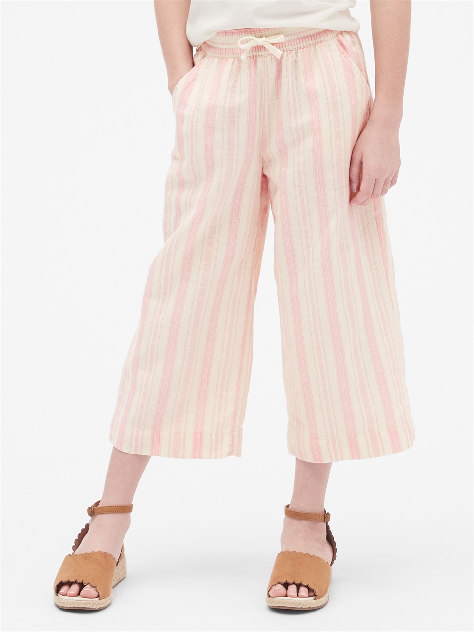 女童裝|舒適棉麻混紡條紋寬管褲-粉色條紋