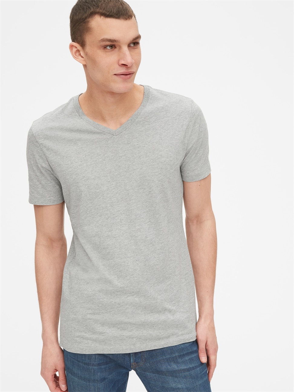 男裝|棉質舒適V領短袖T恤-淺麻灰色