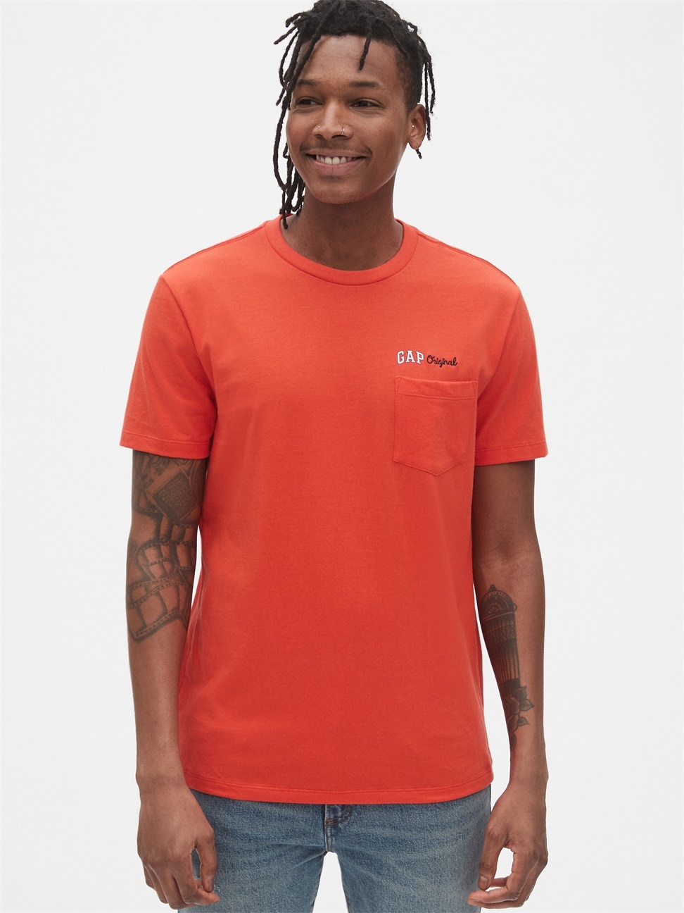 男裝|Logo圓領短袖口袋T恤-珊瑚紅