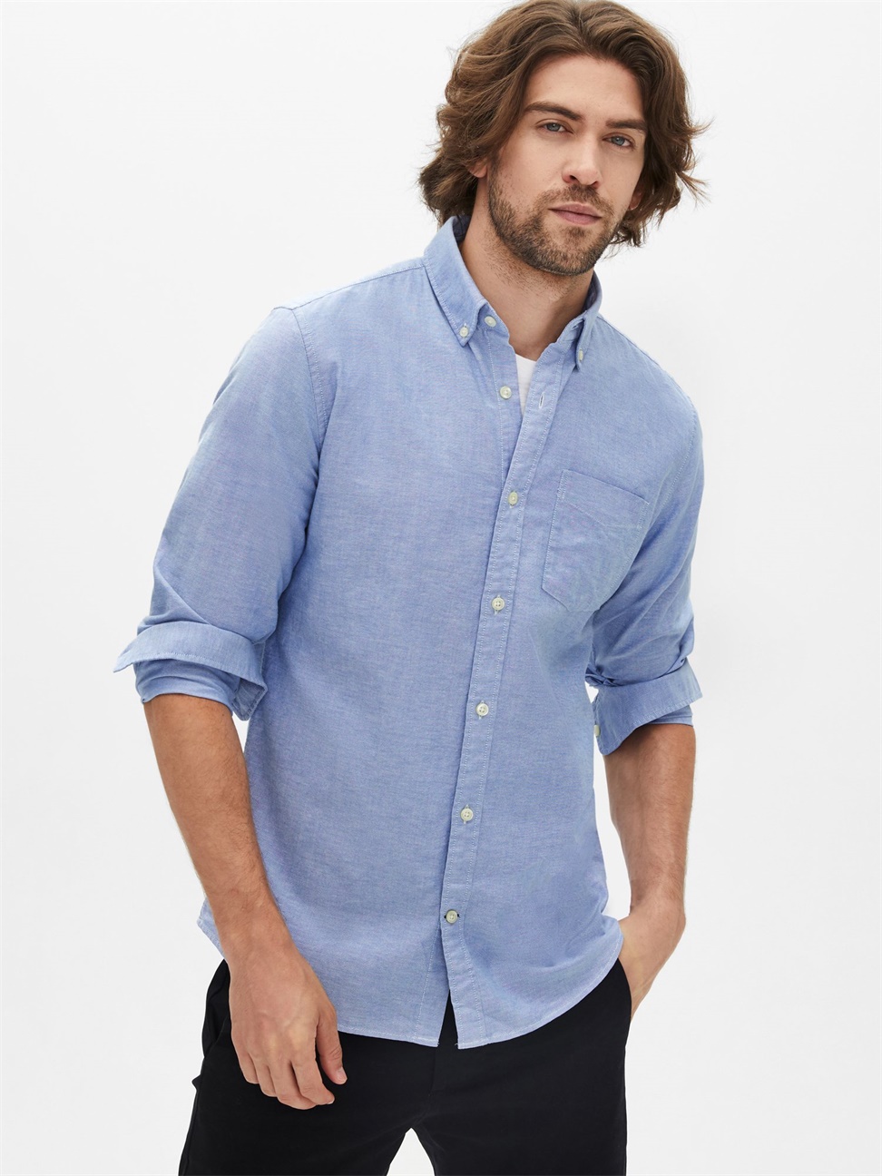男裝|牛津紡長袖襯衫-藍色牛津布
