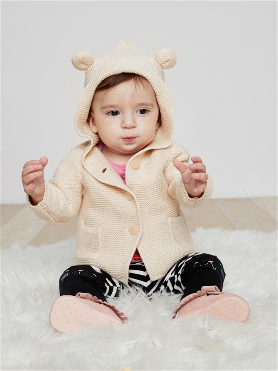 嬰兒裝|小熊造型平織連帽針織外套-米白色
