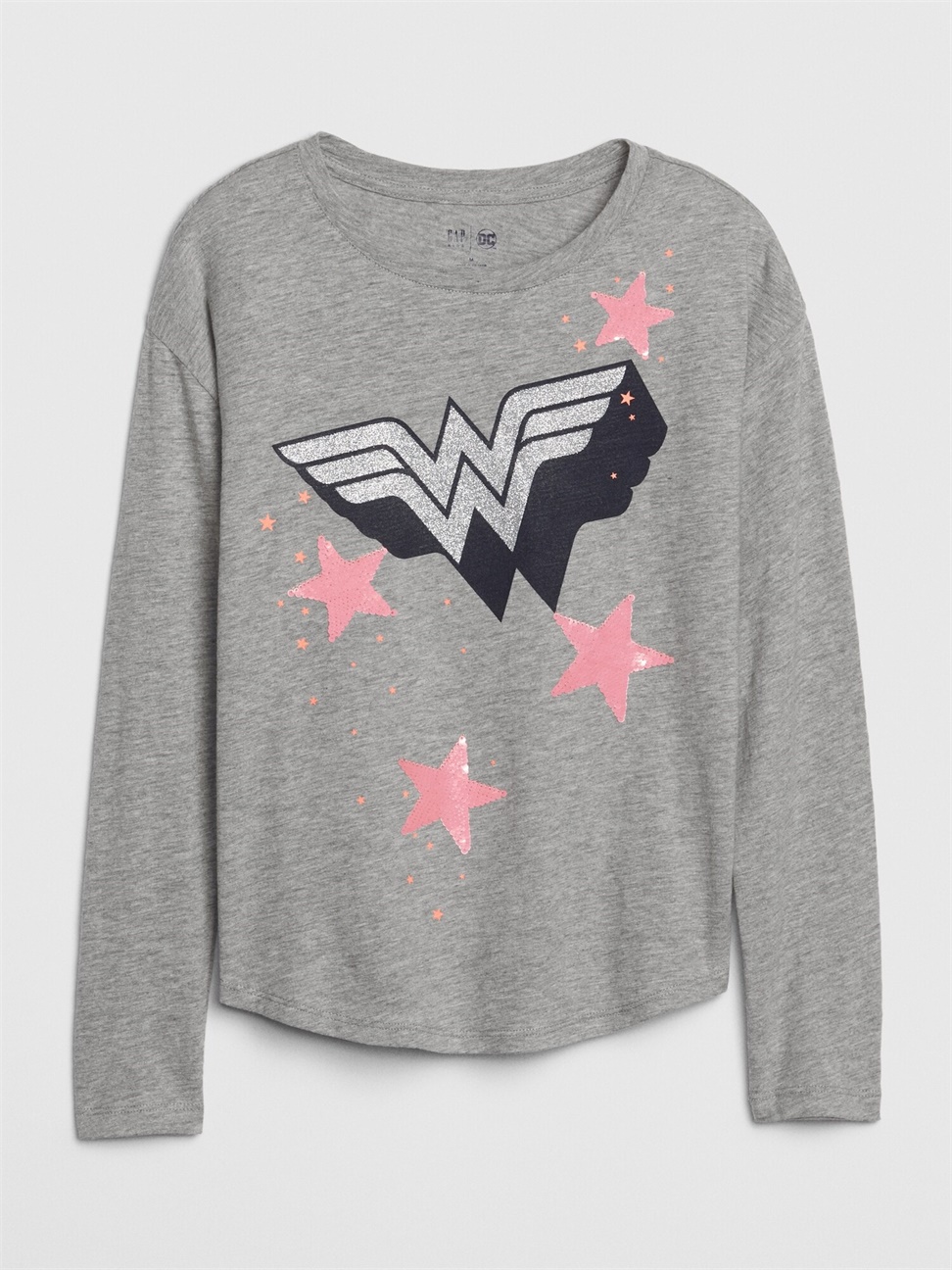女童裝|Gap x DC™正義聯盟聯名 神力女超人印花長袖圓領T恤-麻灰色