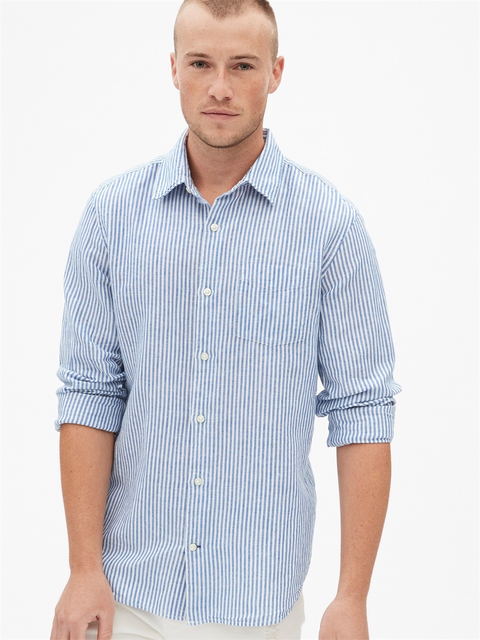 男裝|柔軟輕薄棉麻混紡長袖鈕釦襯衫-海軍藍白條紋
