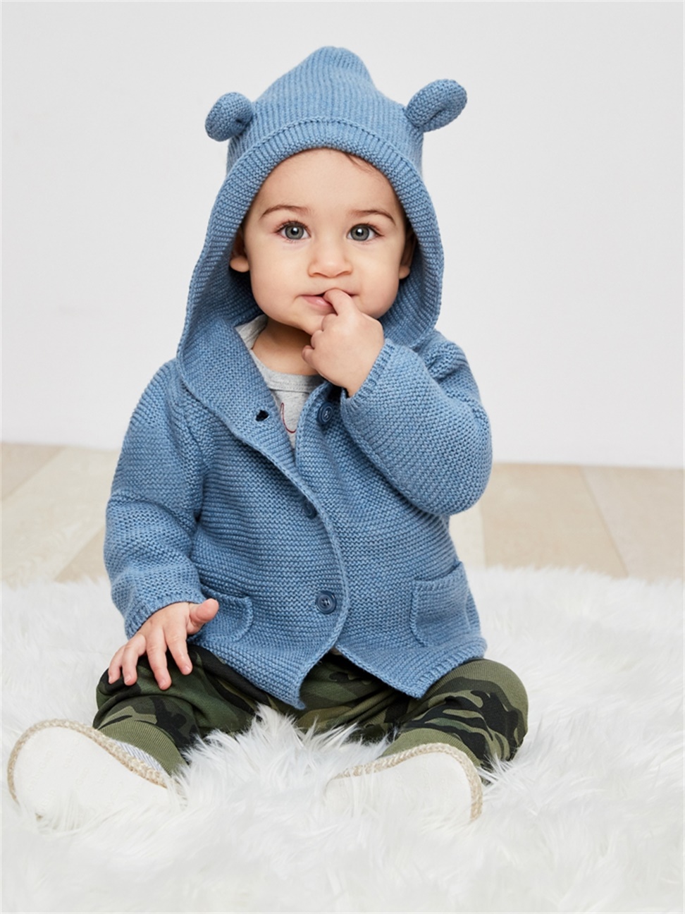 嬰兒裝|小熊造型平織連帽針織外套-靛藍色
