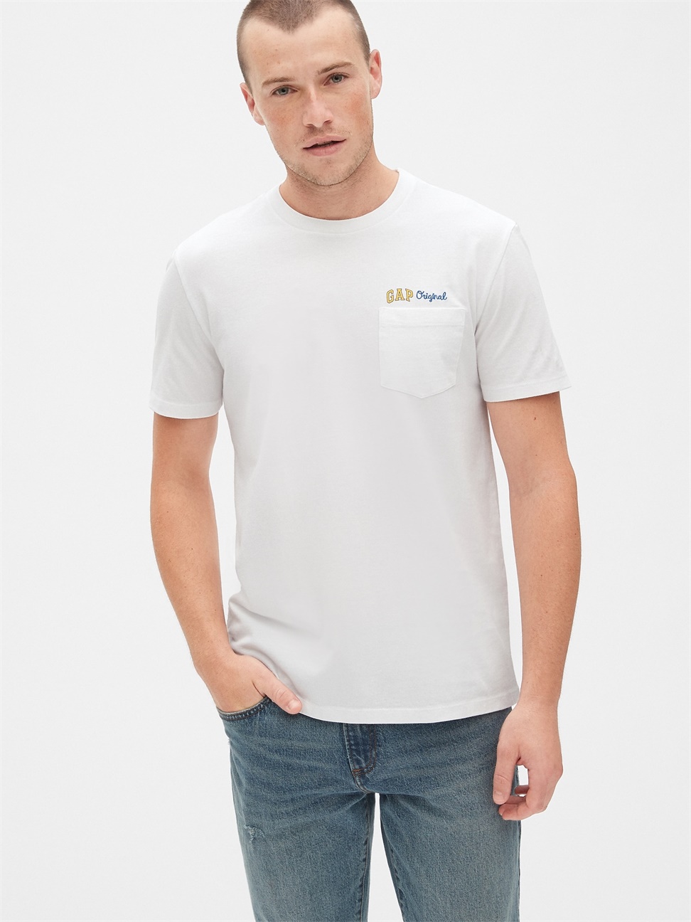 男裝|Logo圓領短袖口袋T恤-光感白