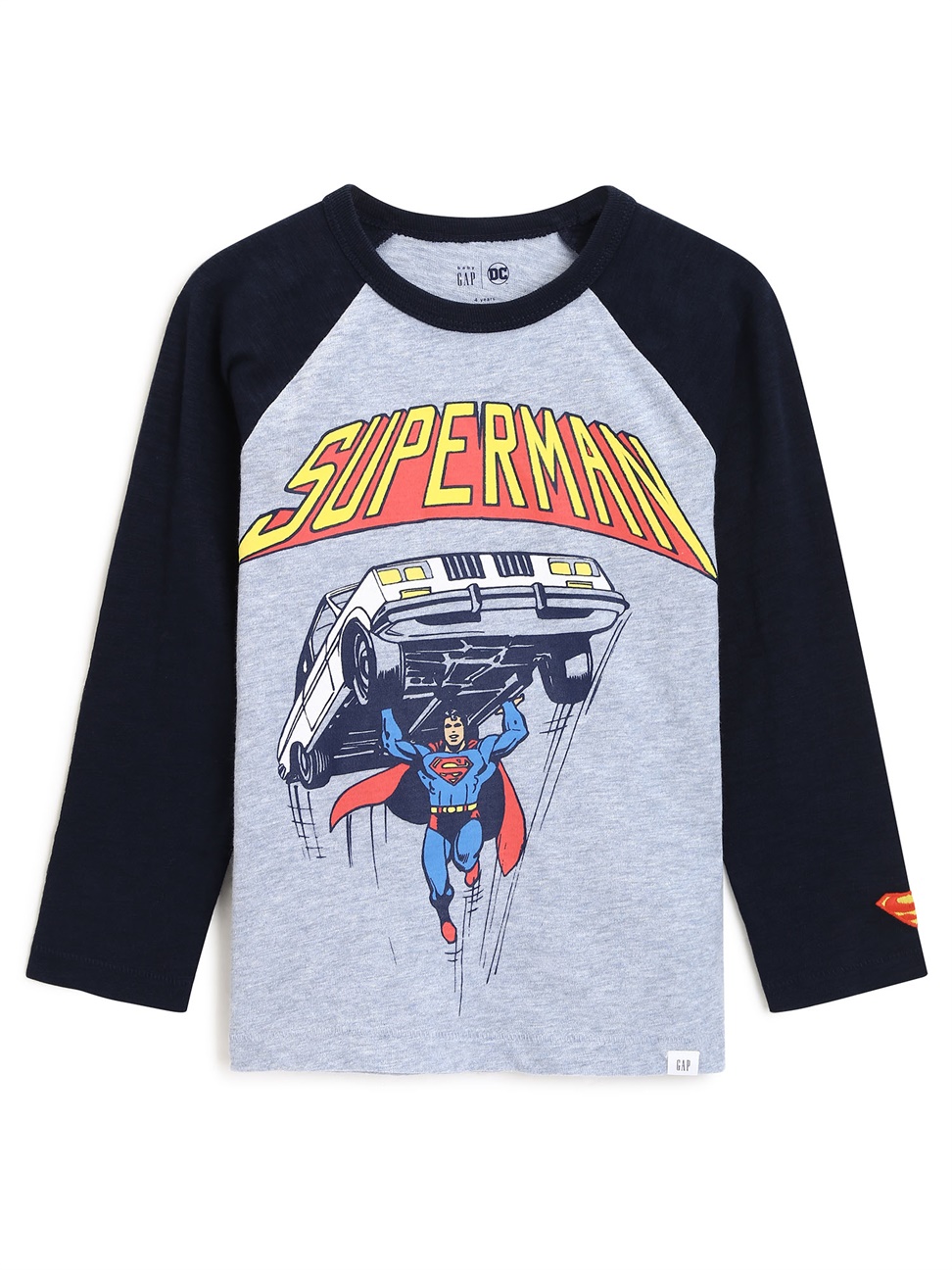 男幼童裝|Gap x DC™正義聯盟聯名 超人圓領長袖T恤-靛藍色印花