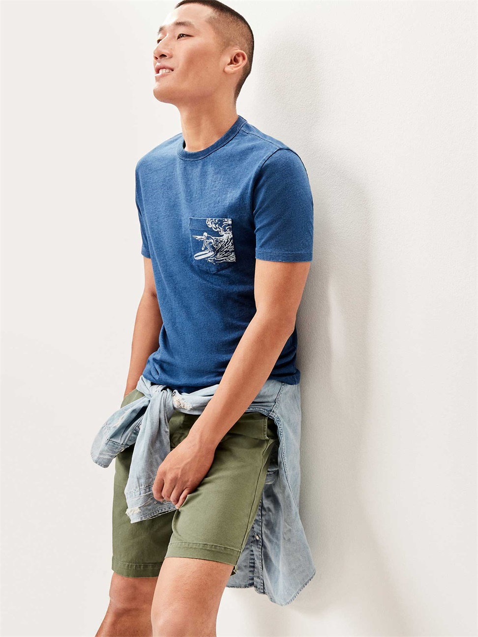 男裝|靛藍色印花口袋短袖T恤-中度靛藍