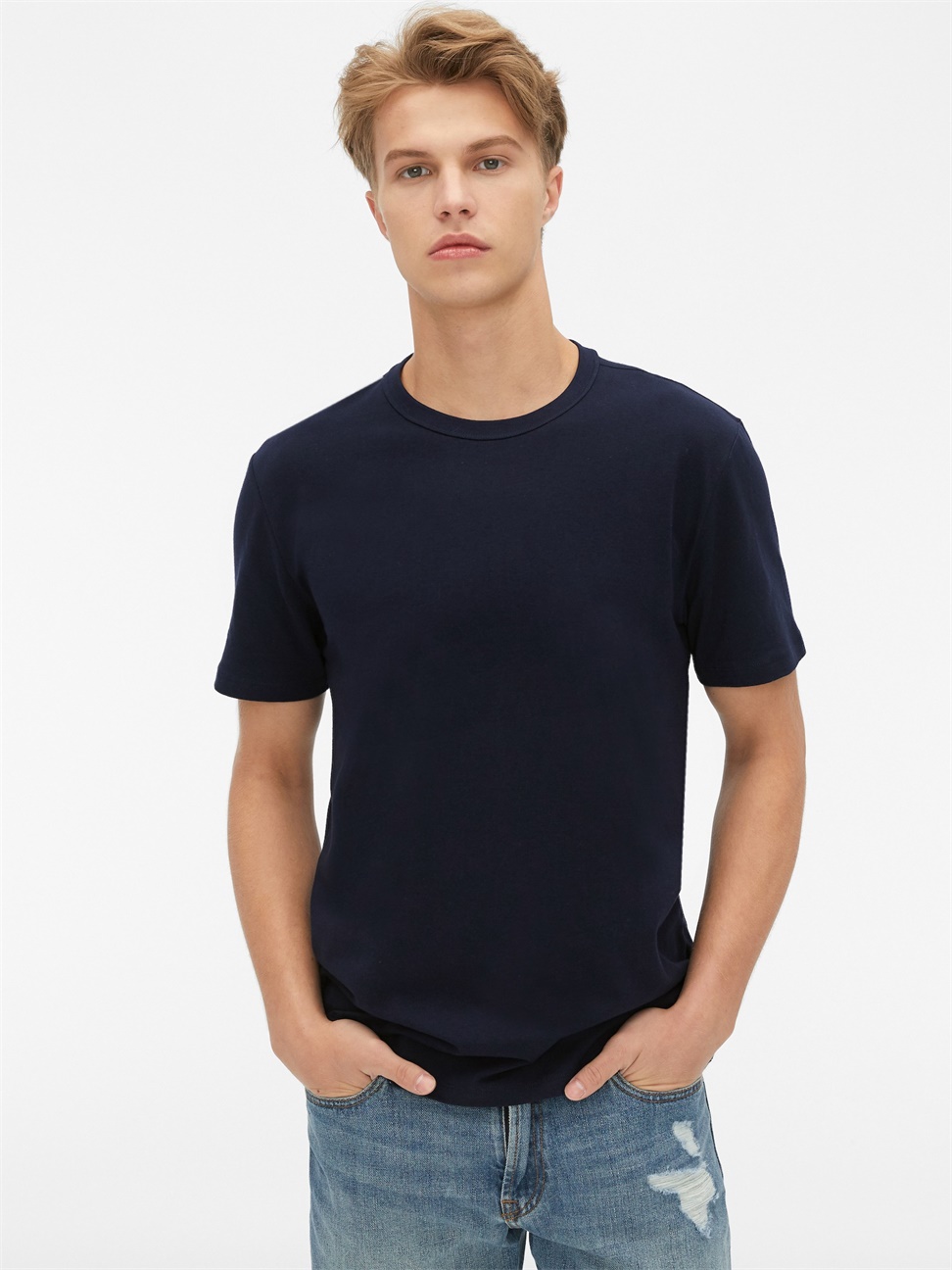 男裝|舒適素色圓領彈力短袖T恤-海軍藍
