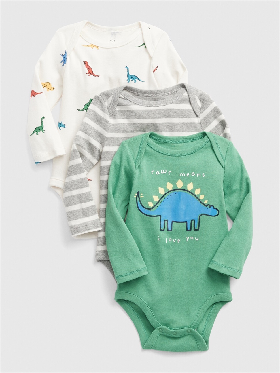 嬰兒裝|柔軟恐龍印花圓領包屁衣三件組-翠綠