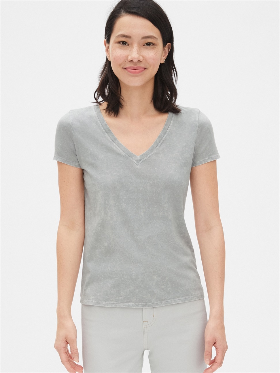 女裝|棉質舒適V領素色短袖T恤-復古青灰色