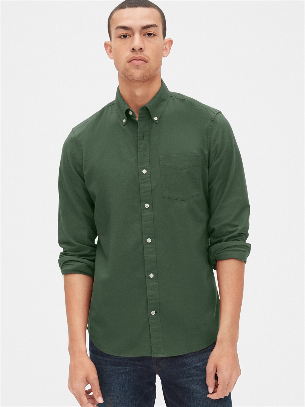 男裝|做舊彈力長袖鈕釦牛津襯衫-橄欖綠