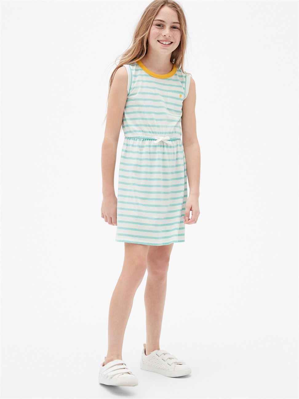 女童裝|舒適條紋無袖圓領洋裝-藍綠色條紋