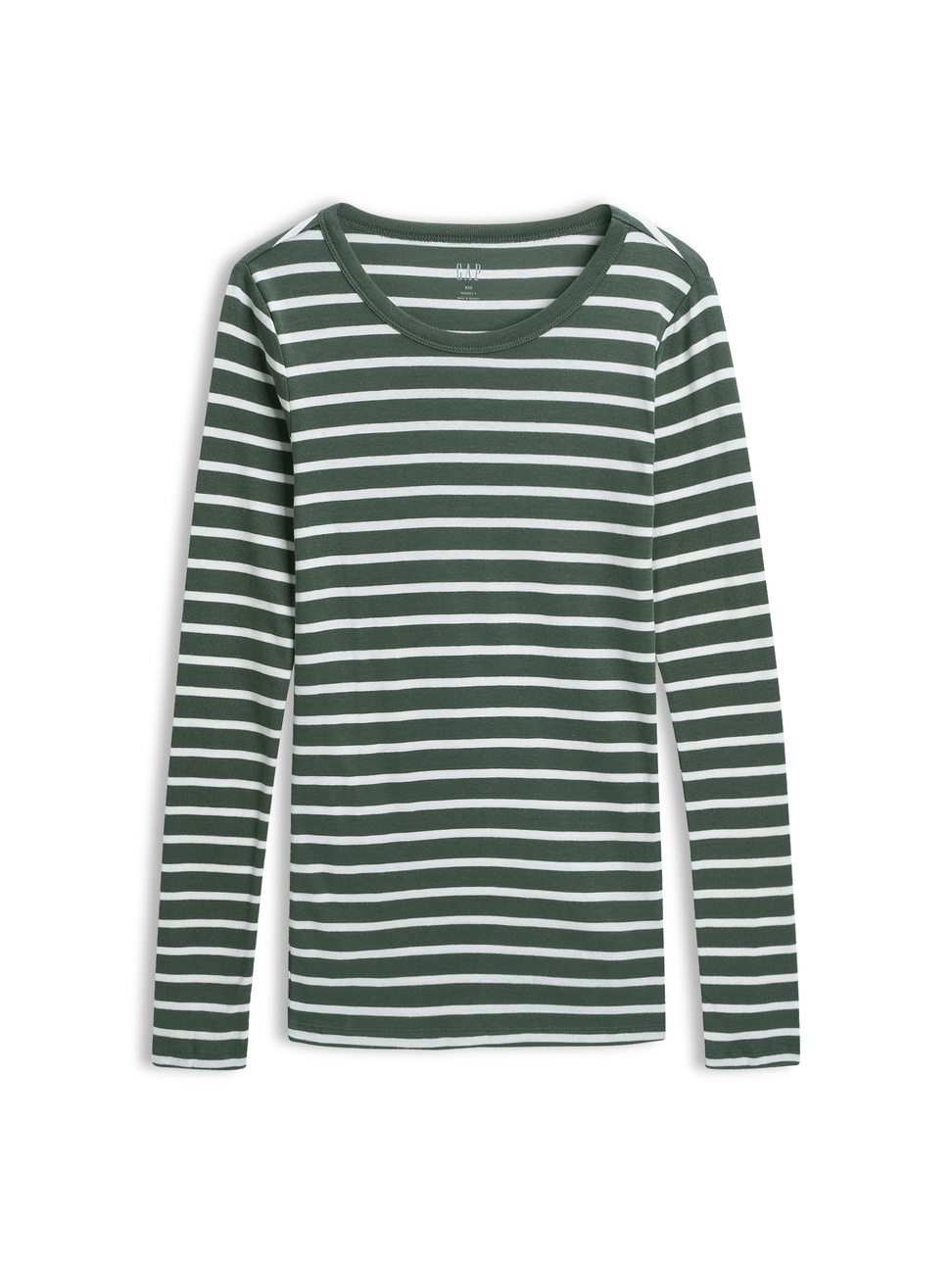 女裝|舒適條紋設計圓領長袖T恤-暗橄欖綠
