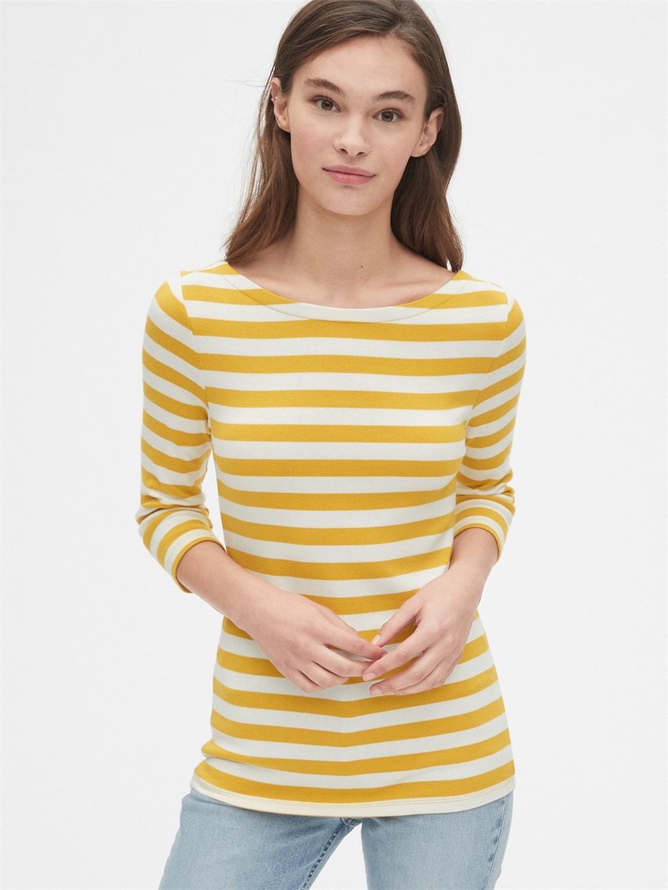女裝|莫代爾條紋低露背七分袖T恤-黃色條紋