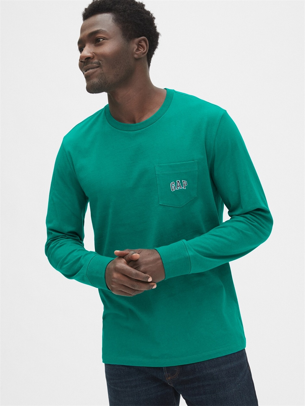 男裝|Logo長袖口袋圓領T恤-碧綠色