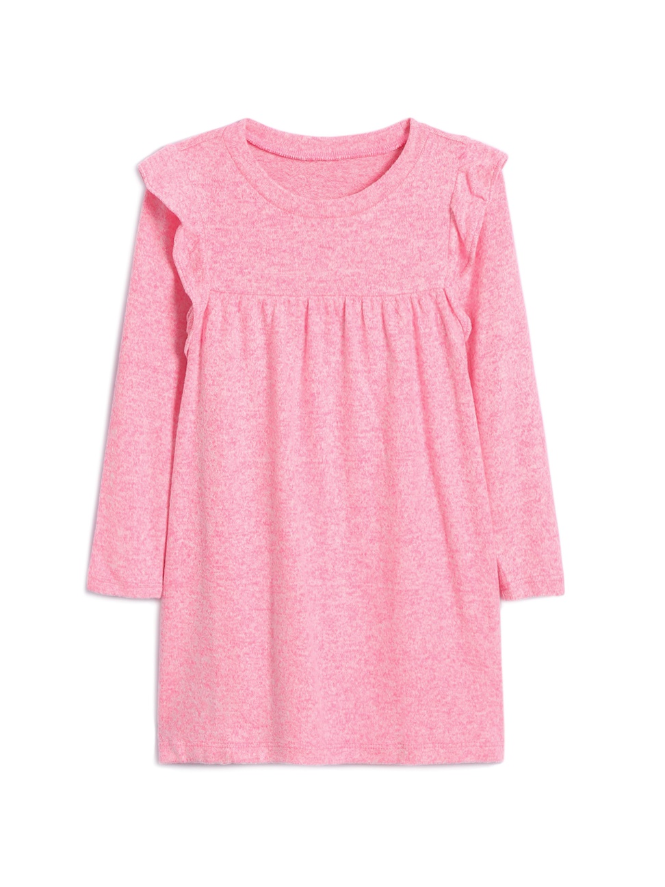女幼童裝|柔軟荷葉邊長袖圓領洋裝-淺色粉