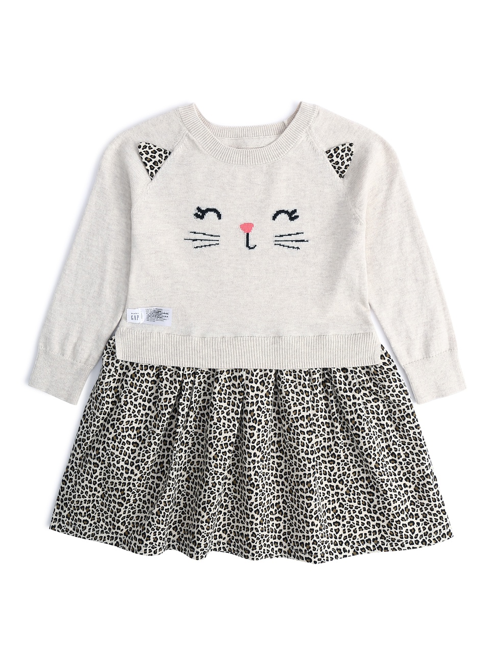 女幼童裝|童趣貓咪造型拼接長袖洋裝-豹紋