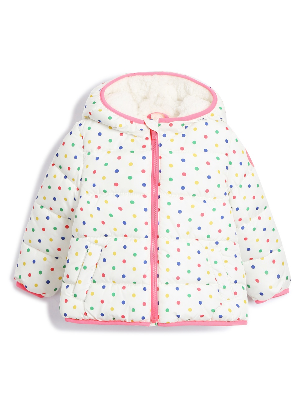 女幼童裝|舒適保暖長袖拉鍊羽絨外套-奶白底彩色波點圖案