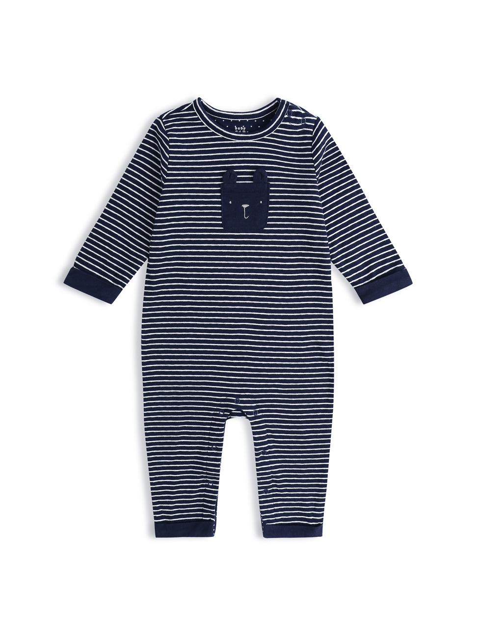 嬰兒裝|柔軟條紋圓領長袖包屁衣-海軍藍色