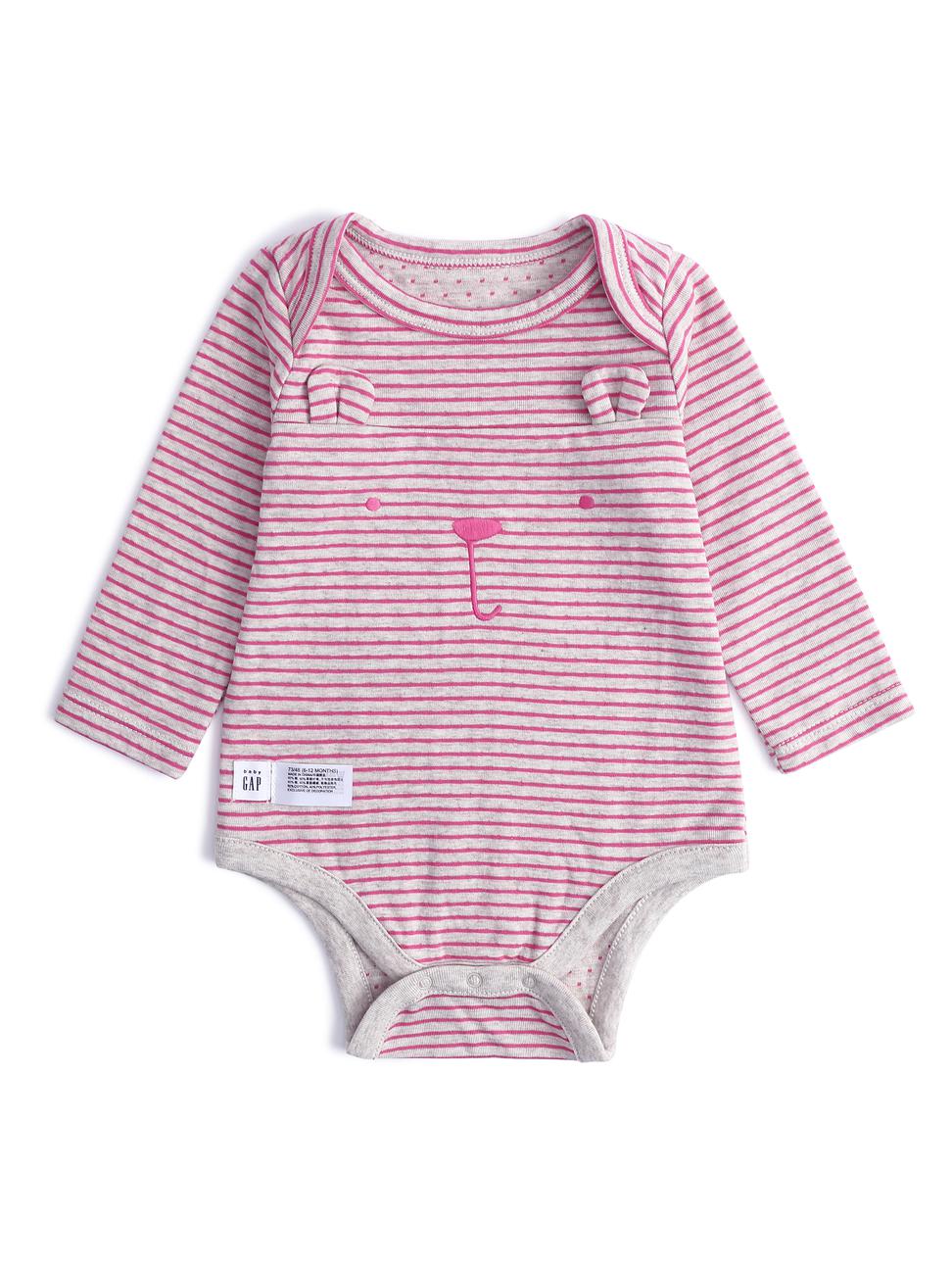 嬰兒裝|時尚條紋小熊造型長袖包屁衣-粉色條紋