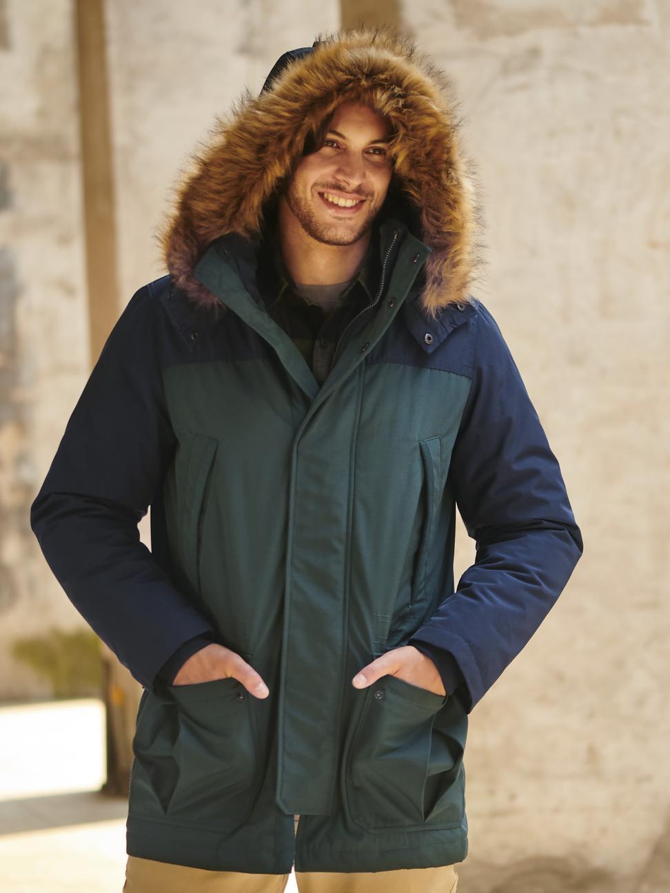 男裝|長袖撞色毛領連帽羽絨外套-校園綠