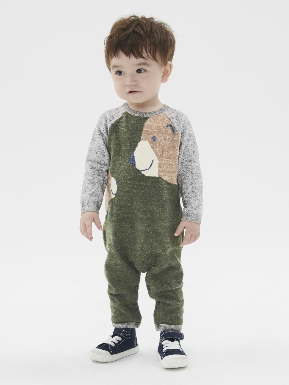 嬰兒裝|趣味親子小熊織紋針織包屁衣-綠色