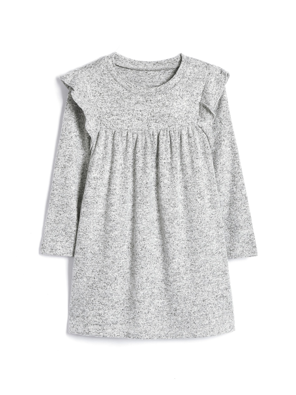 女幼童裝|柔軟荷葉邊長袖圓領洋裝-麻灰色