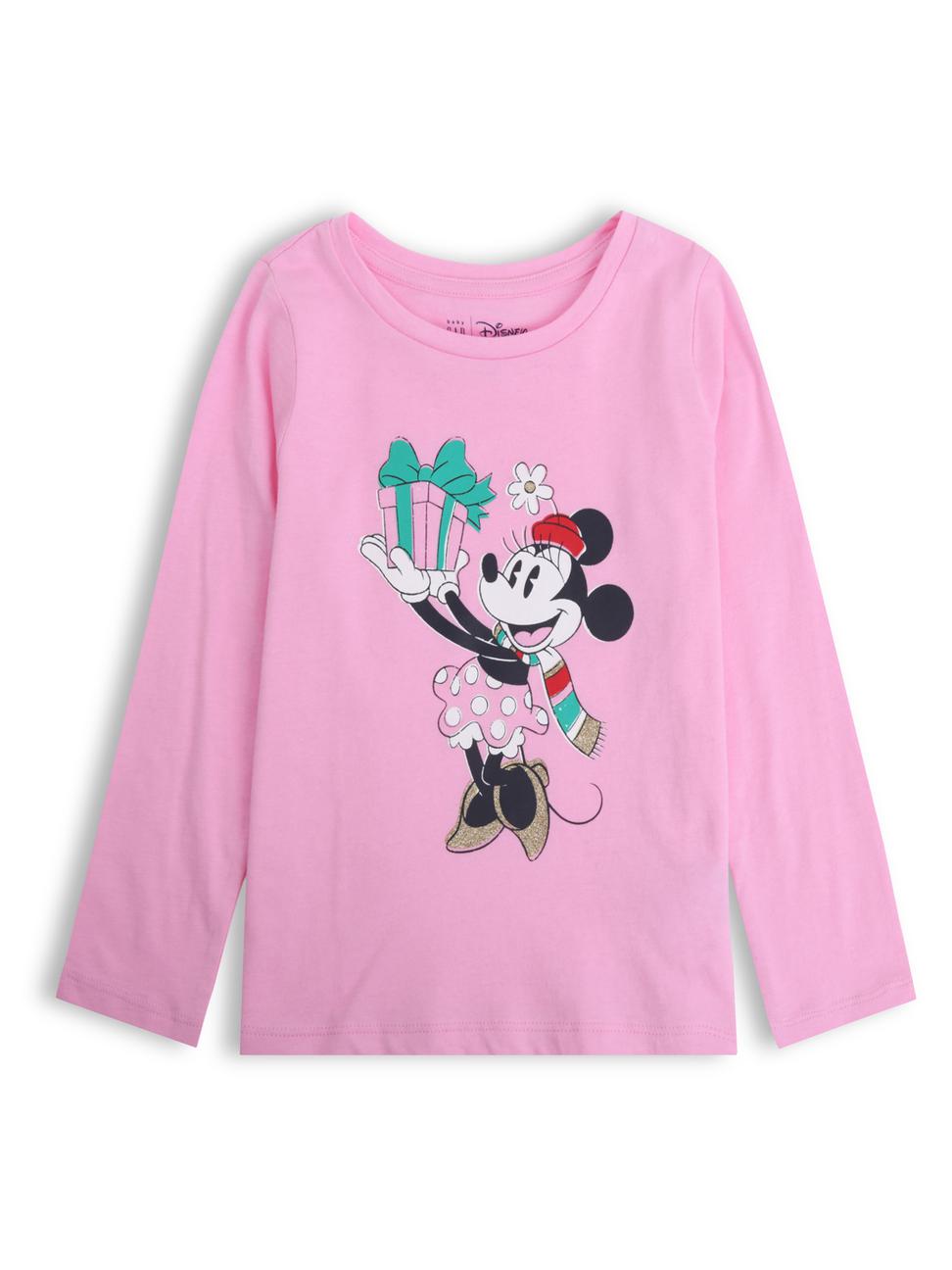 女幼童裝|Gap x Disney迪士尼聯名 米妮印花長袖T恤-螢光粉