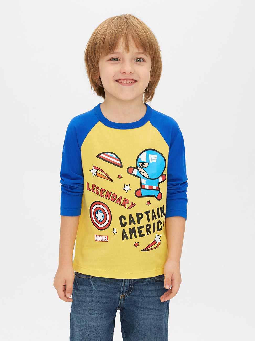 男幼童裝|Gap x Marvel漫威聯名 美國隊長圓領長袖T恤-黃色