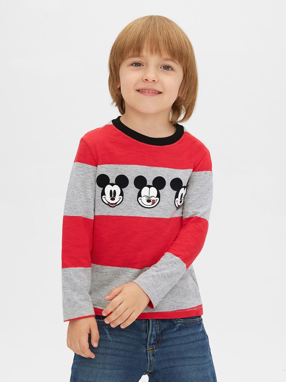 男幼童裝|Gap x Disney迪士尼聯名 米奇印花長袖T恤-亮麻灰色