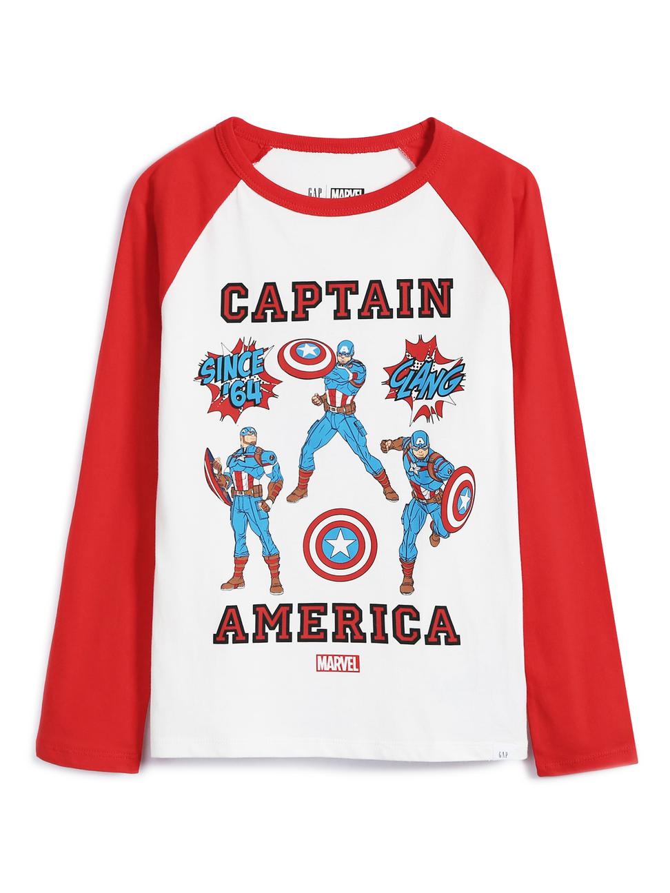 男童裝|Gap x Marvel漫威聯名 美國隊長圓領長袖T恤-光感亮白