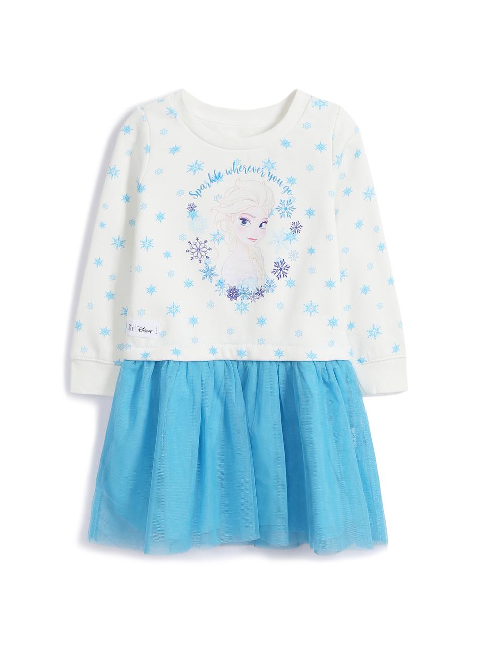 女幼童裝|Gap x Disney迪士尼聯名 冰雪奇緣圓領長袖洋裝-天藍色