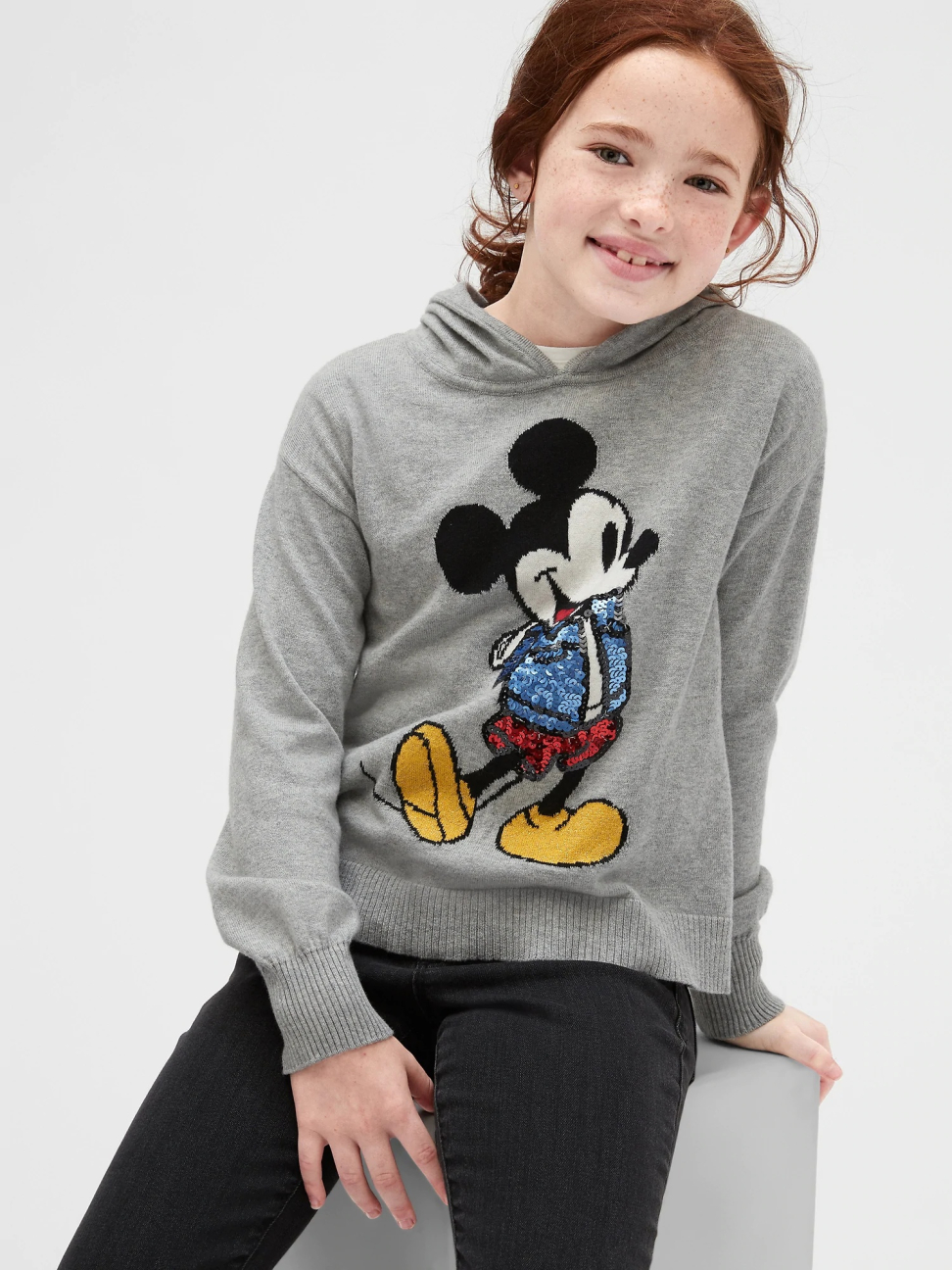 女童裝|Gap x Disney迪士尼聯名 米奇可撥動亮片織紋帽T-麻灰色