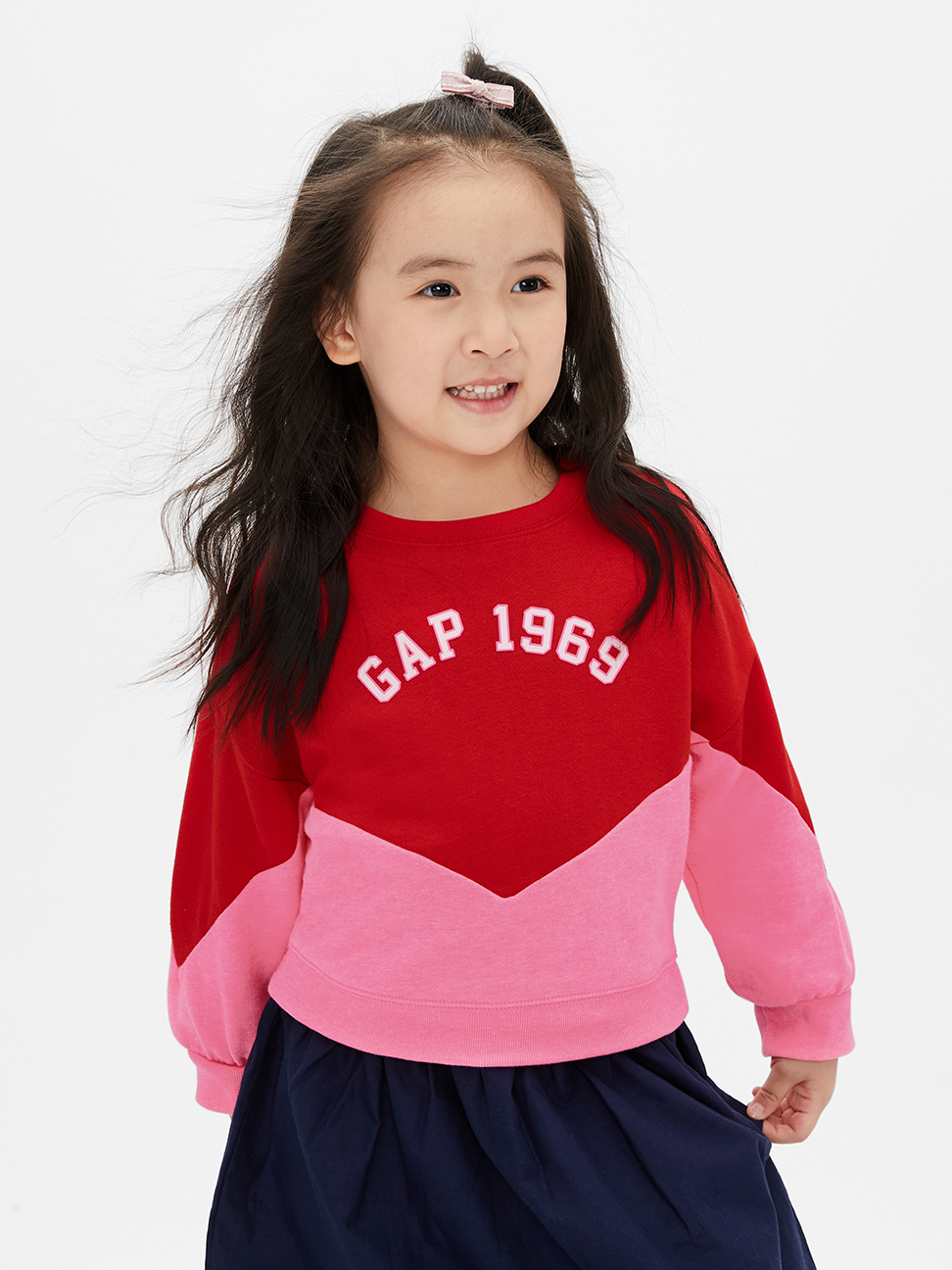 女幼童裝|Logo大學T-粉紅色色塊