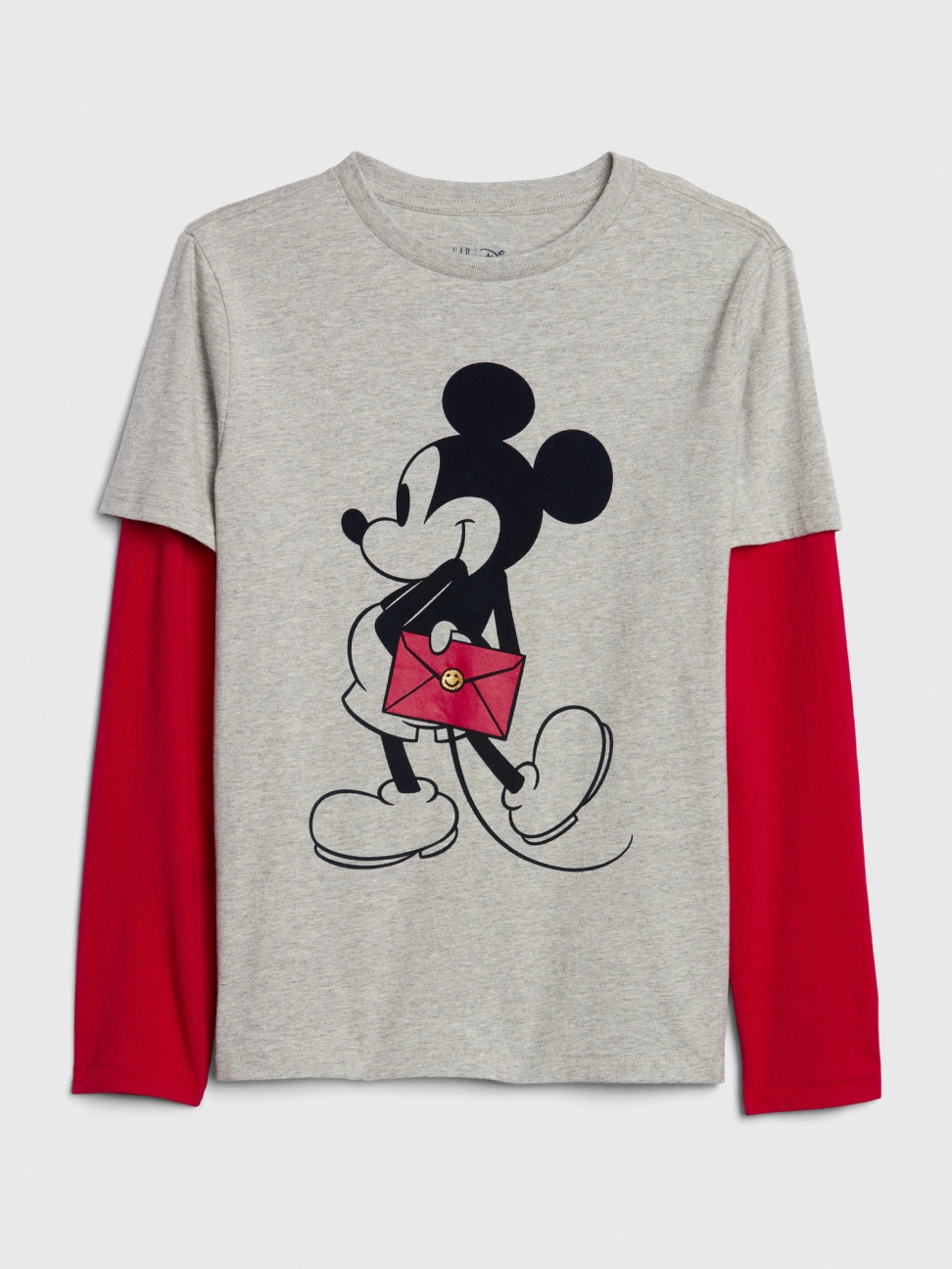 男童裝|Gap x Disney迪士尼聯名 米奇棉質舒適圓領長袖T恤-亮麻灰色