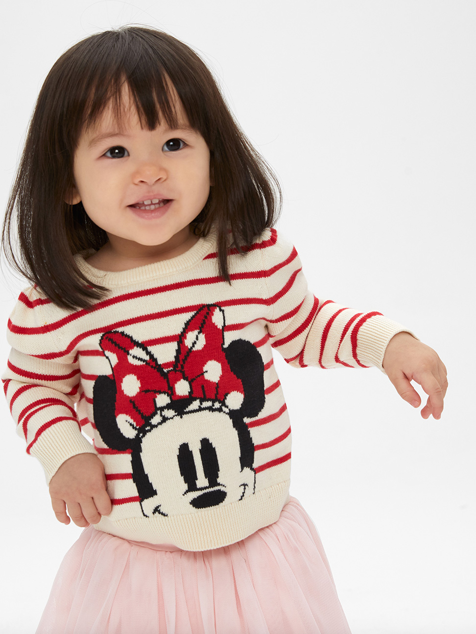 嬰兒裝|Gap x Disney迪士尼聯名 米妮童趣織紋舒適圓領毛衣-米白色