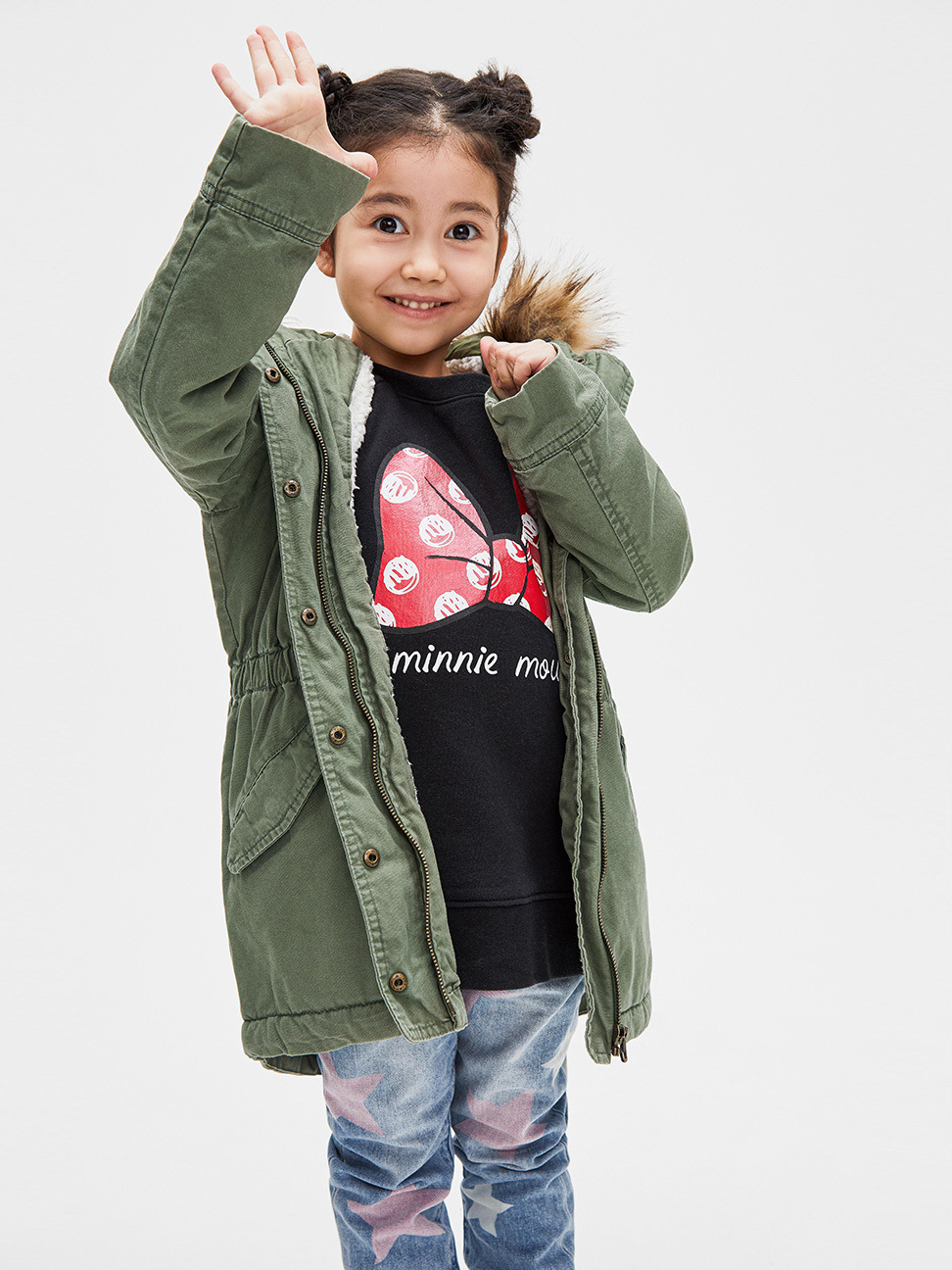 女童裝|Gap x Disney迪士尼聯名 米妮圓領長袖上衣-純正黑