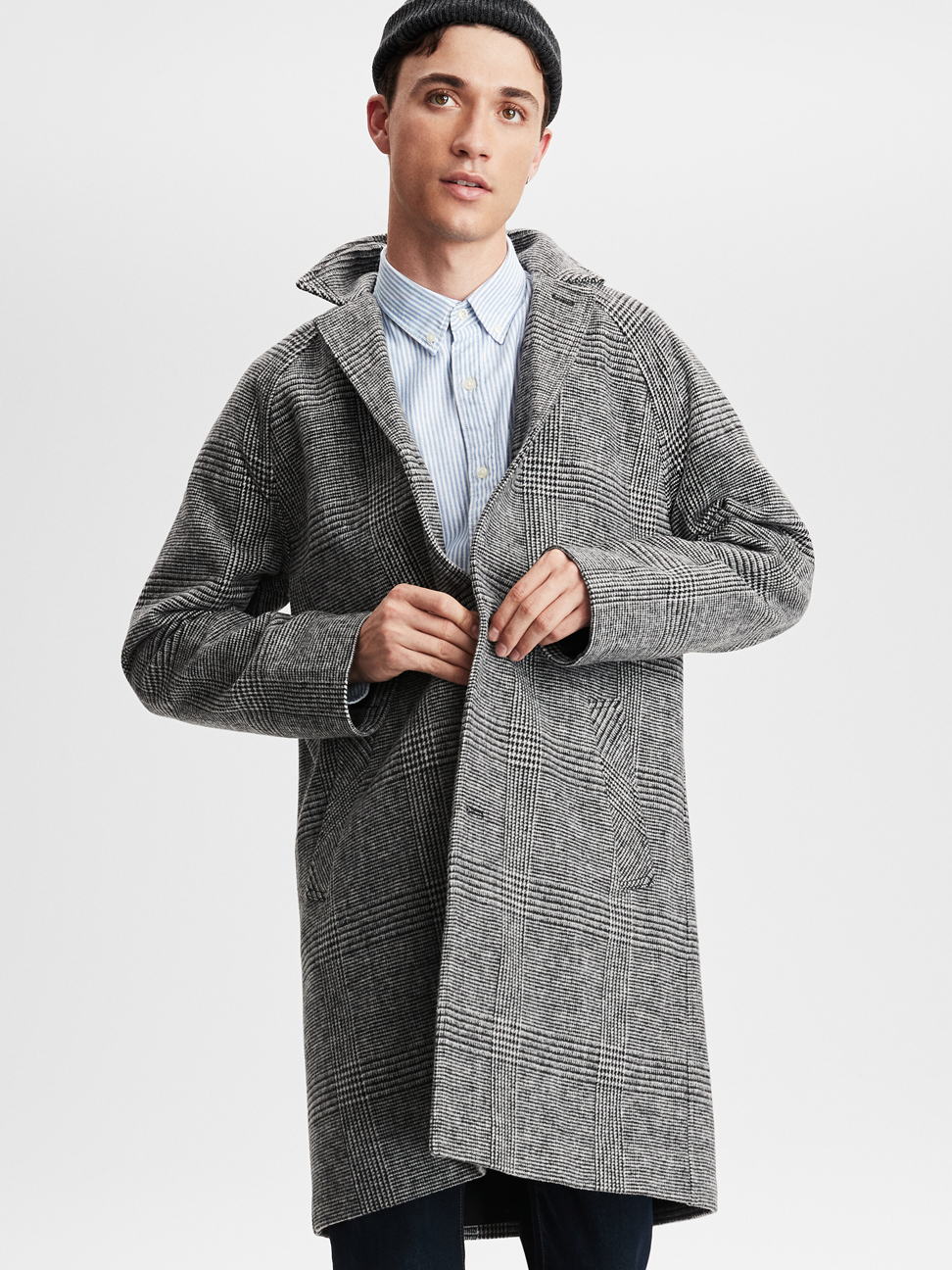 男裝|時尚中長版V領羊毛大衣-葛籣格子呢