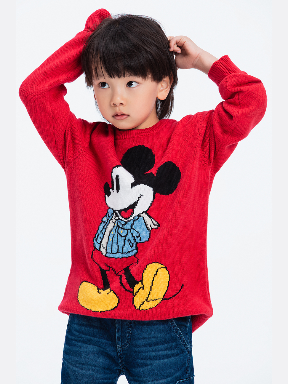 男童裝|Gap x Disney迪士尼聯名 米奇棉質圓領針織衫-摩登紅色