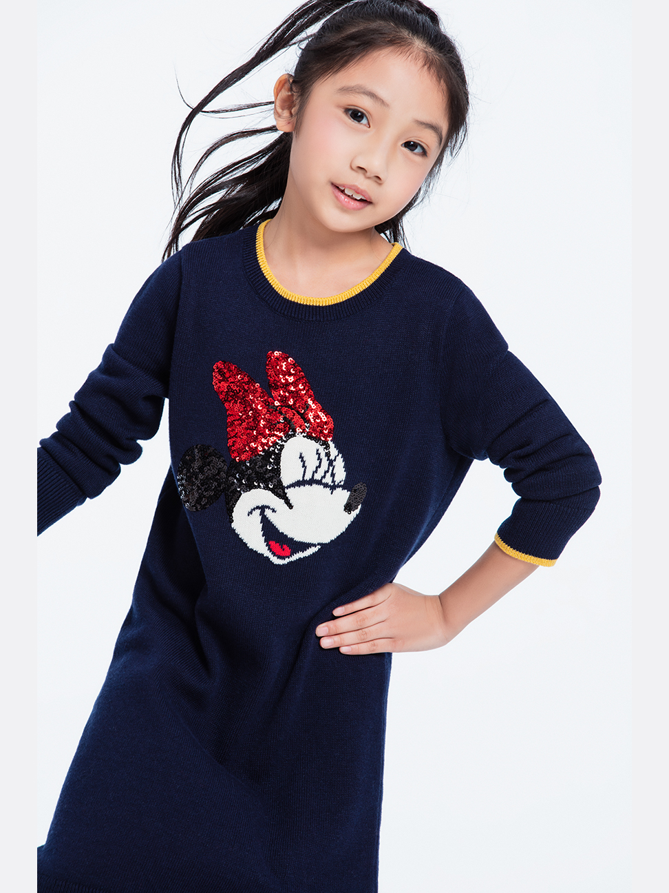 女童裝|Gap x Disney迪士尼聯名 米妮亮片針織洋裝-海軍藍色
