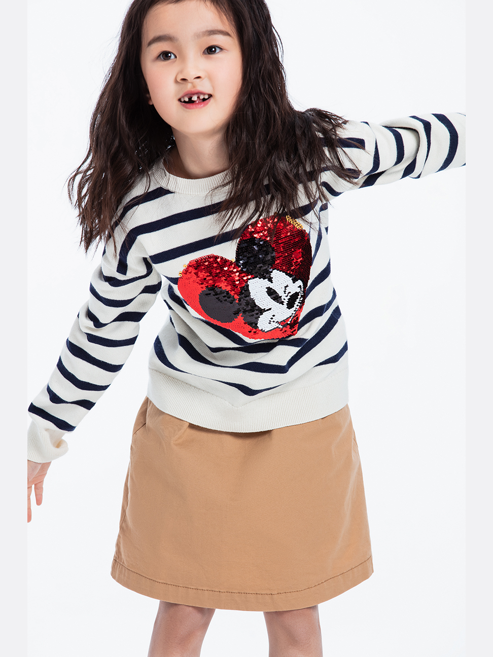 女童裝|Gap x Disney迪士尼聯名 米奇織紋針織衫-海軍藍條紋