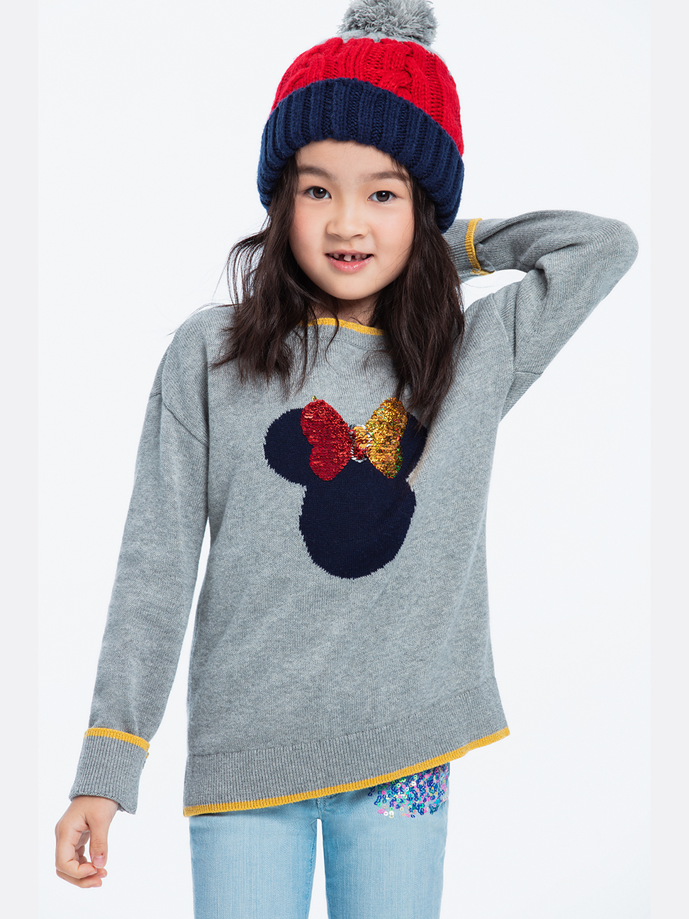 女童裝|Gap x Disney迪士尼聯名 米妮織紋針織衫-麻灰色
