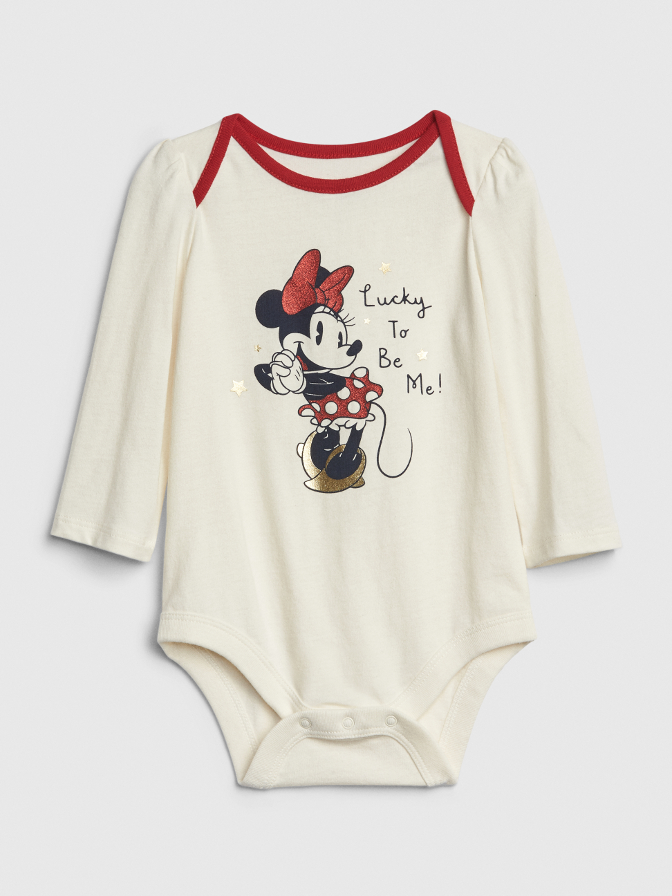 嬰兒裝|Gap x Disney迪士尼聯名 米妮搭肩圓領長袖包屁衣-象牙色
