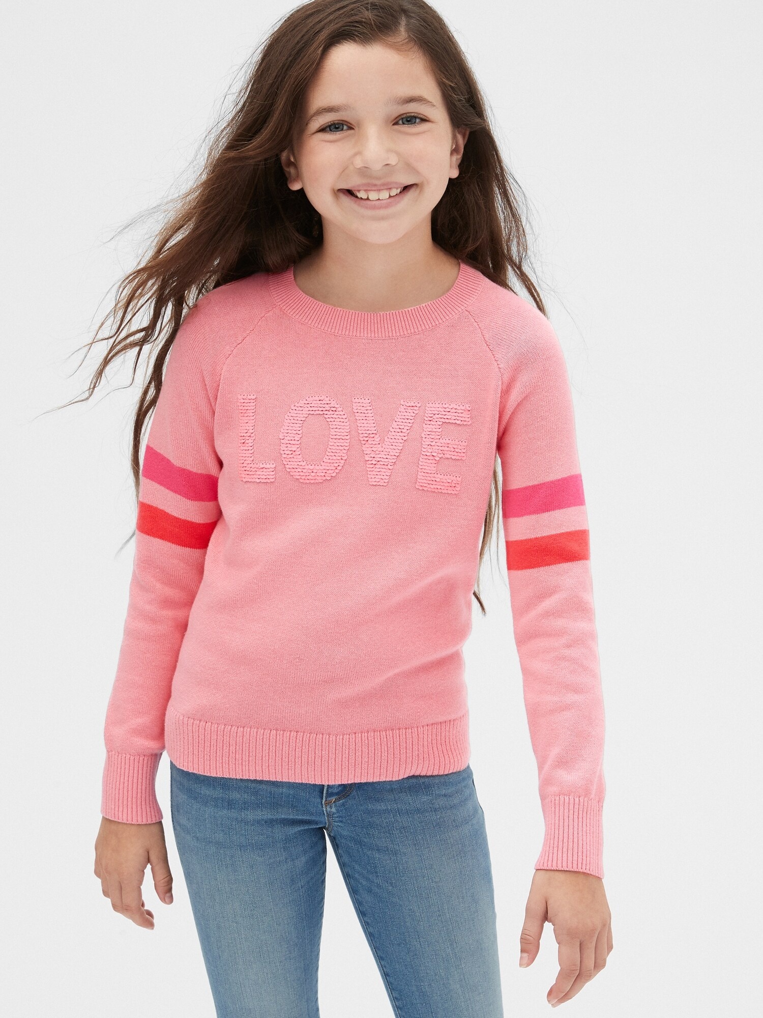 女童裝|創意可撥動亮片圓領針織衫-粉紅色