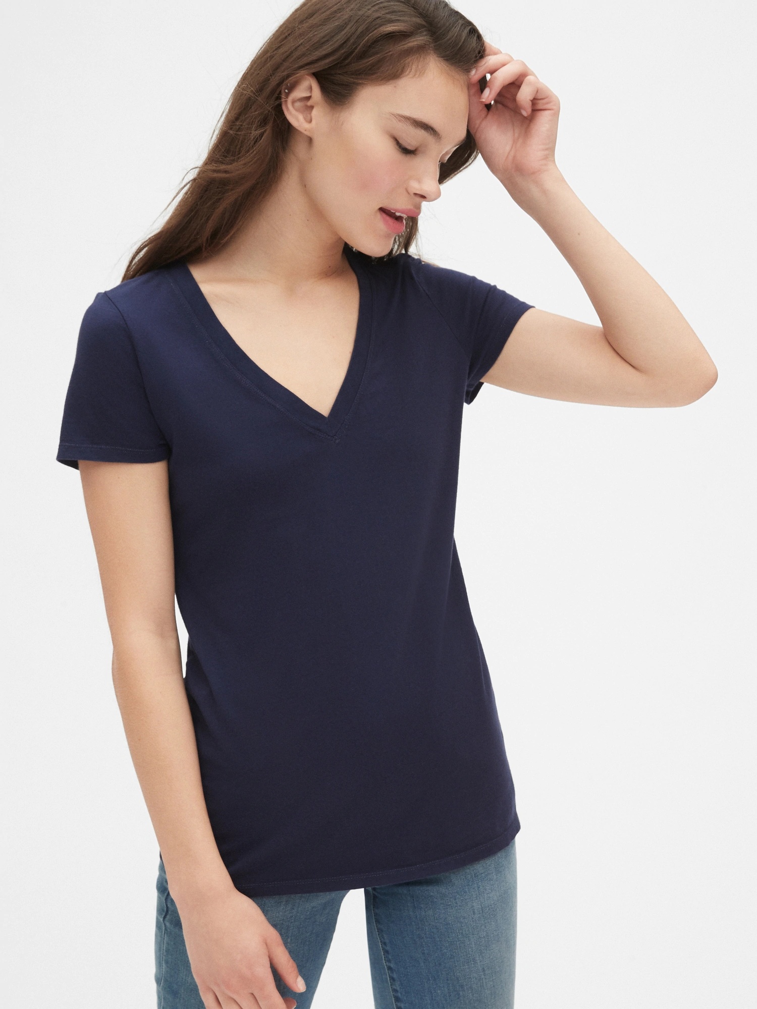 女裝|棉質舒適V領素色短袖T恤-海軍藍色